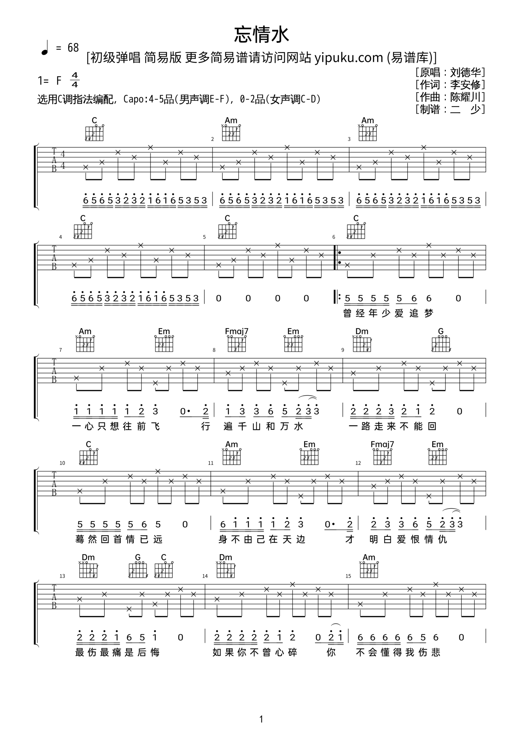 简易版高清吉他谱《忘情水》- 刘德华入门版高清图谱