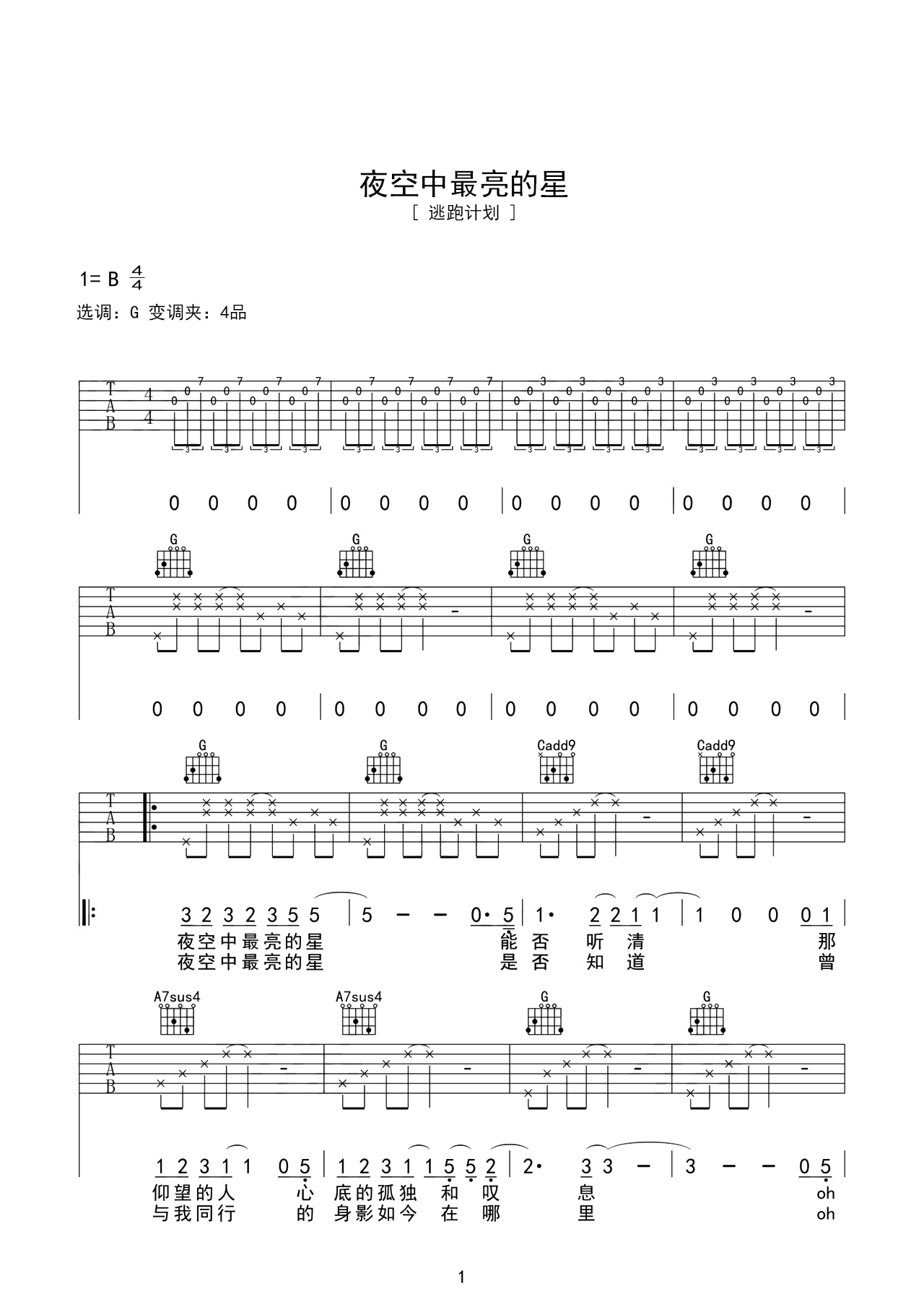 逃跑计划歌曲《夜空中最亮的星》B调吉他谱 – 六线谱(弹唱谱) – 原调B调 – 初级六线谱_微谱库