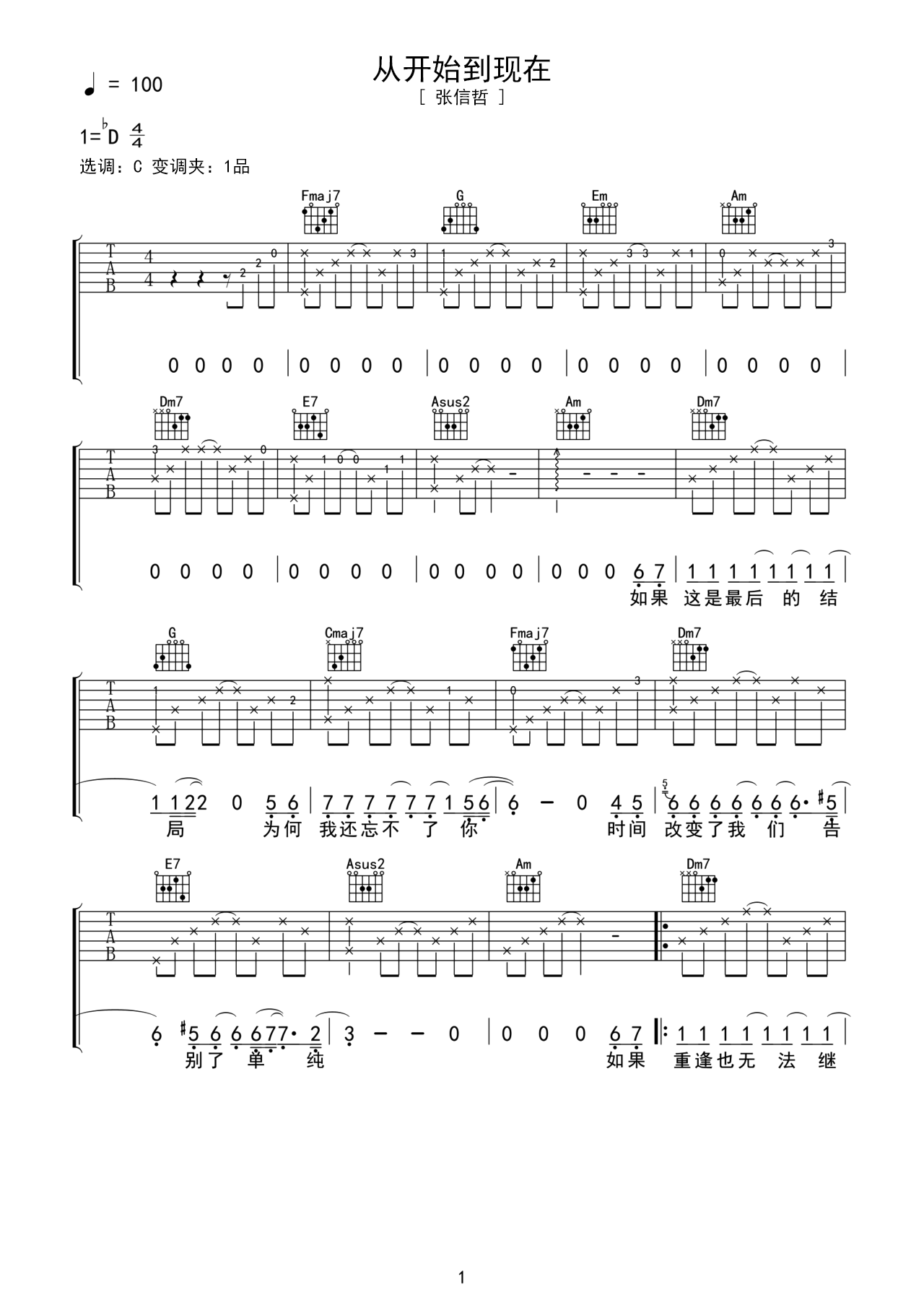 《从开始到现在》吉他曲谱C#调编配 – 张信哲 – 国语吉他谱 – 歌曲原调C#调_微谱库