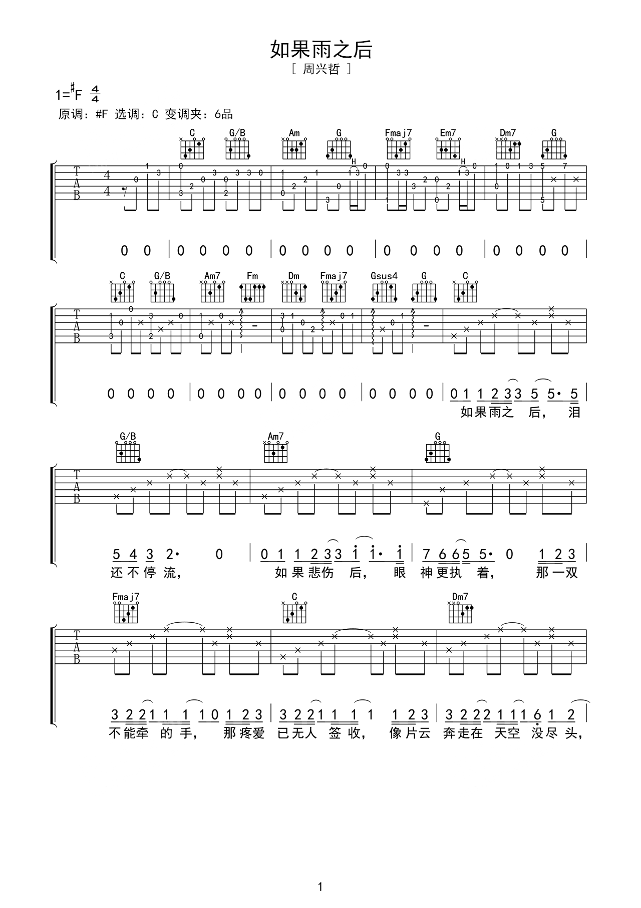 《如果雨之后》吉他谱 – 用弹唱节奏型编配 -选调F#调 – 周兴哲六线谱精选 – 国语_微谱库