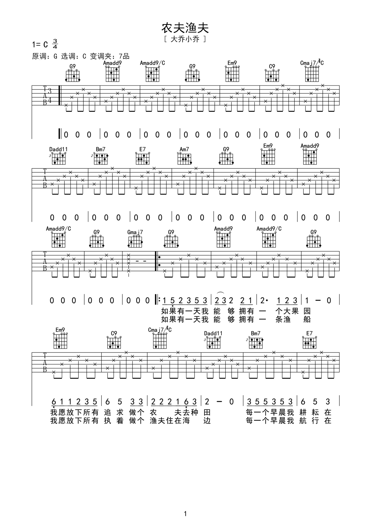 《农夫渔夫》吉他谱 – 吉他谱 选用D调指法编配 – 原调D调 – 六线谱(弹唱谱)_微谱库