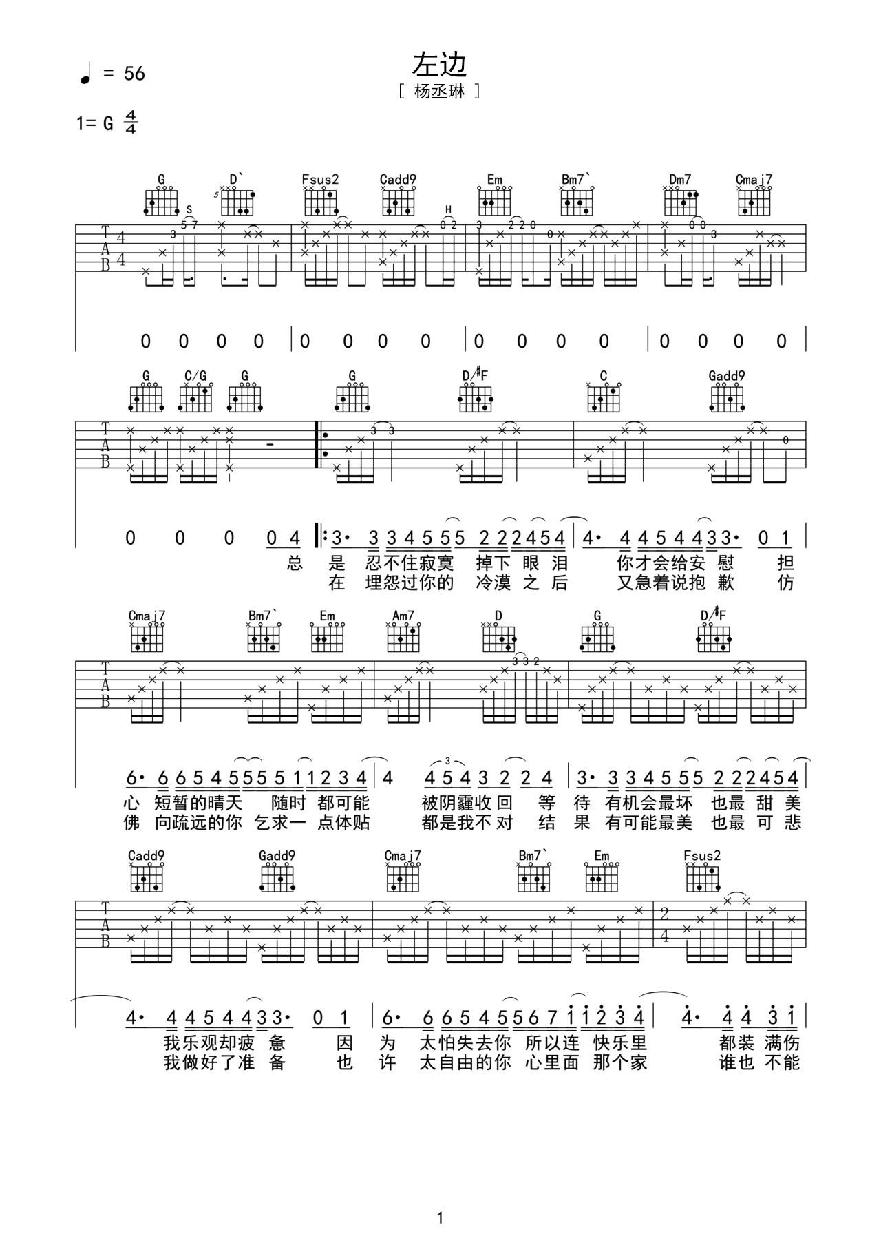 《左边》吉他曲谱G调编配 – 杨丞琳 – 国语吉他谱 – 歌曲原调G调_微谱库