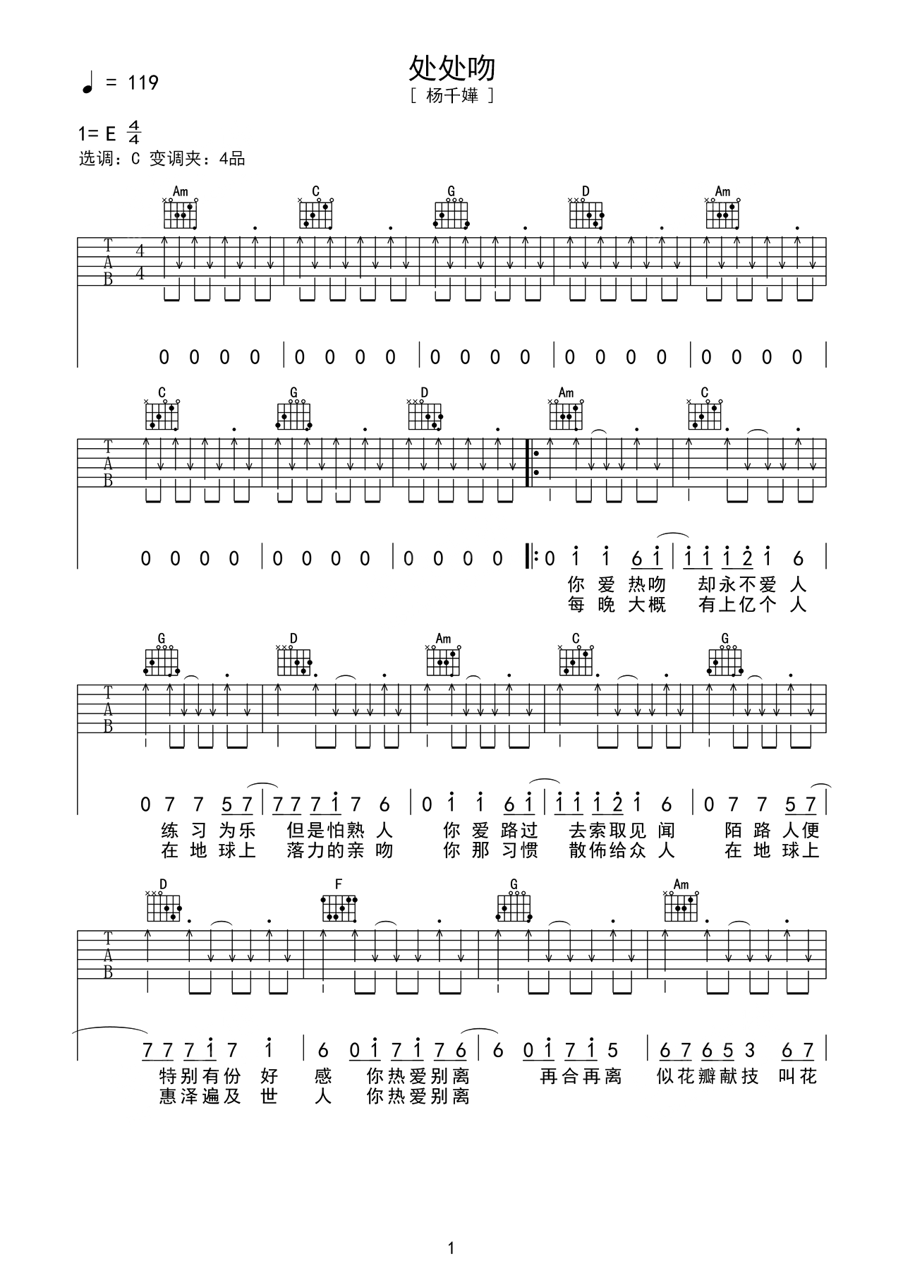 杨千嬅歌曲《处处吻》E调吉他谱 – 六线谱(弹唱谱) – 原调E调 – 初级六线谱_微谱库