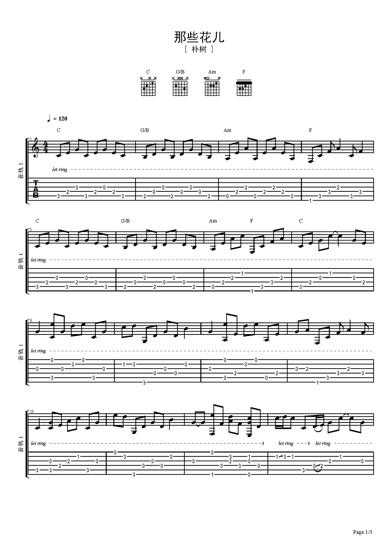 吉他谱《那些花儿》- 全曲入门版伴奏曲谱 – 国语版 – 拍子4/4拍 – 选调C调 – 朴树六线谱_微谱库