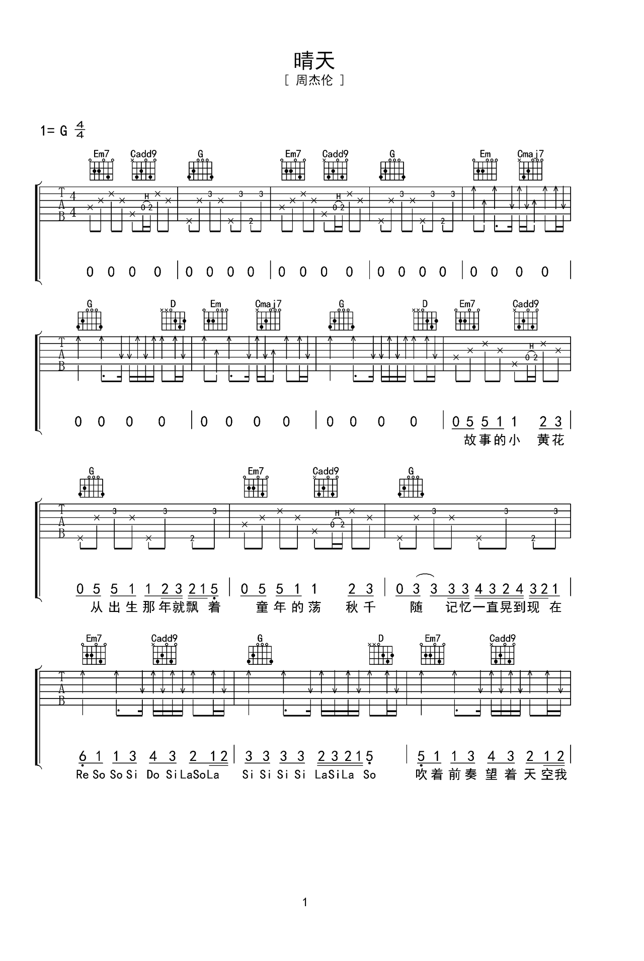 周杰伦歌曲《晴天》G调吉他谱 – 六线谱(弹唱谱) – 原调G调 – 初级六线谱_微谱库