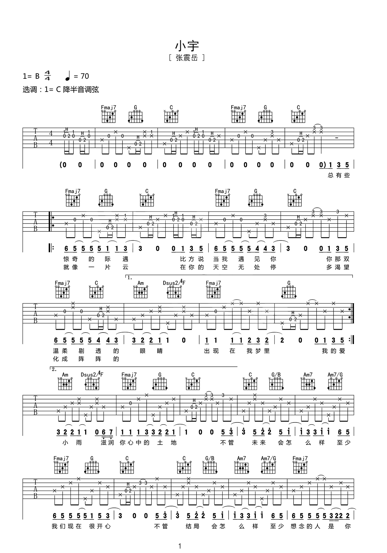张震岳的《小宇》谱子带伴奏节奏吉他谱 – C编配 – 变调夹Capo=0 – 初级六线谱_微谱库