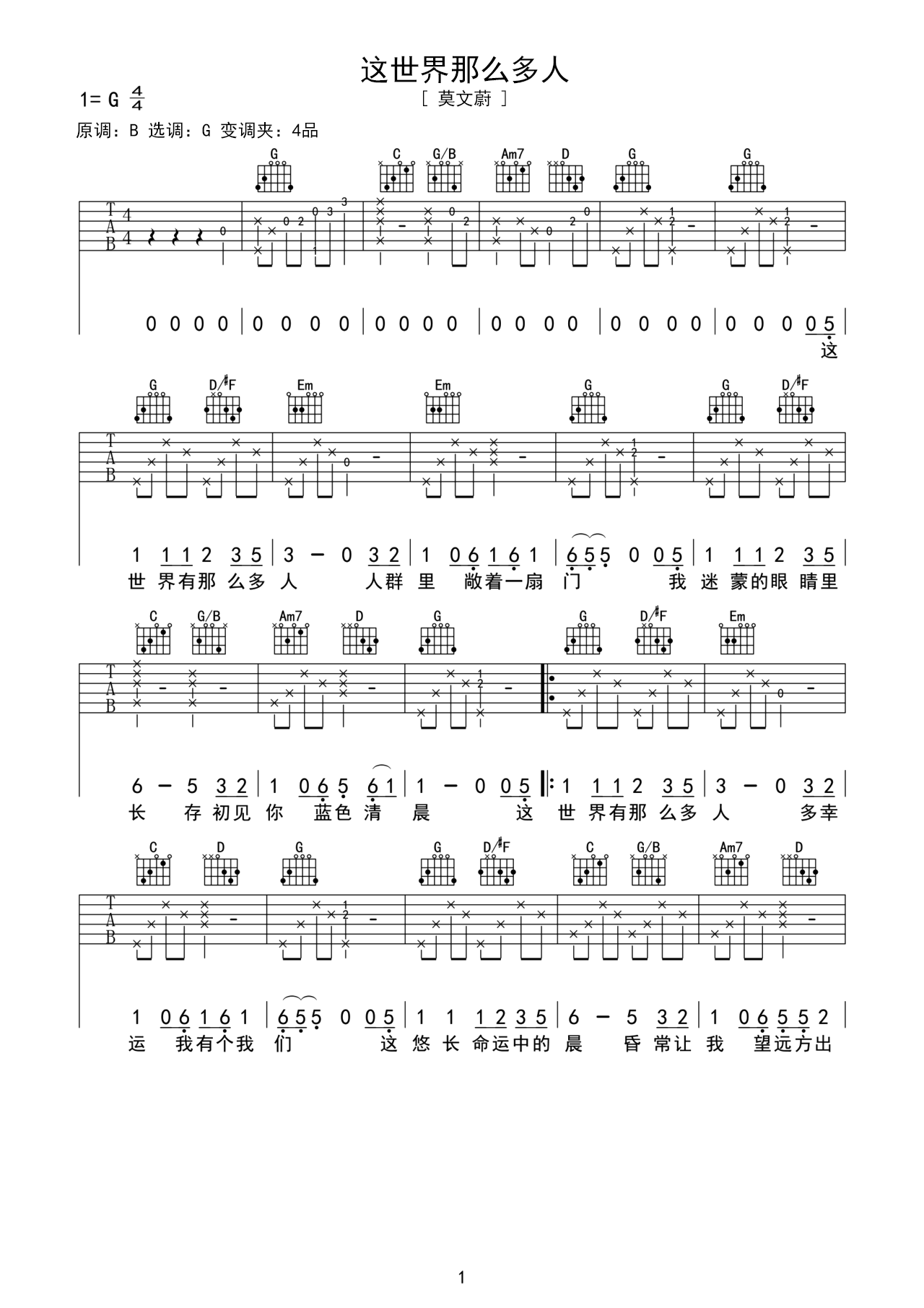 莫文蔚歌曲《这世界那么多人》B调吉他谱 – 六线谱(弹唱谱) – 原调B调 – 初级六线谱_微谱库