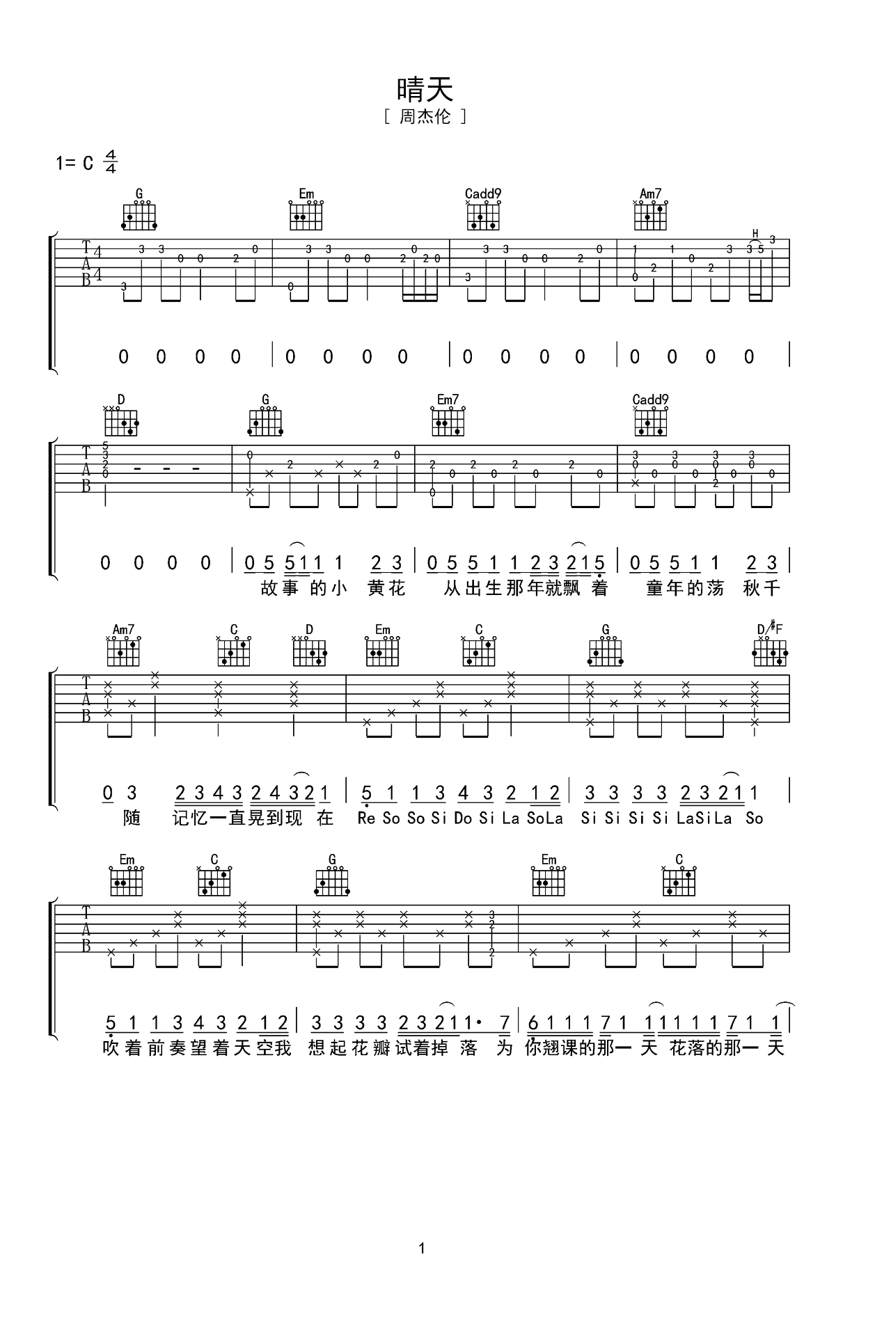 《晴天》偏简单吉他谱 – 选用C调指法编配 – 中级谱子 – 六线谱(弹唱谱)_微谱库