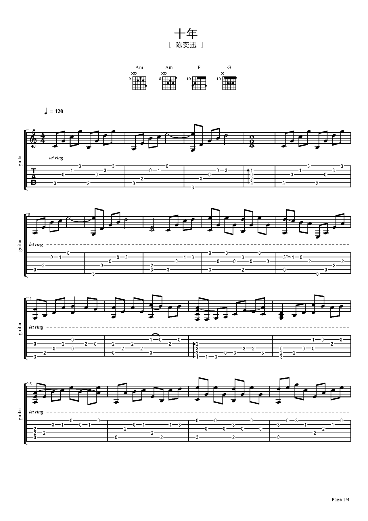 吉他曲谱《十年》指弹 – 选用C调指法编配 – 初级谱子 – 六线谱(独奏/指弹谱)_微谱库