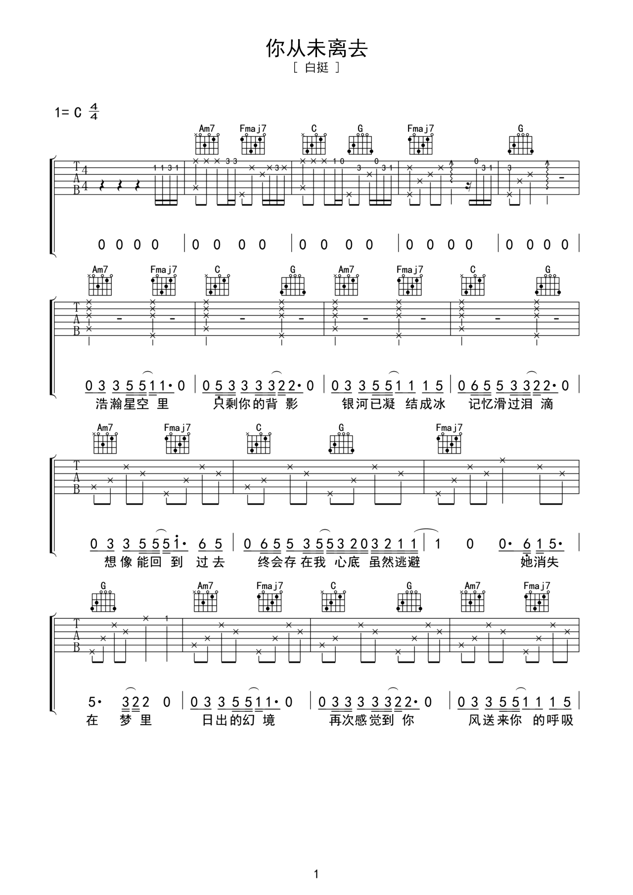 白挺弹唱谱《你从未离去》吉他谱 – 中级六线谱 – 选调编配C调 – 变调夹Capo=0_微谱库