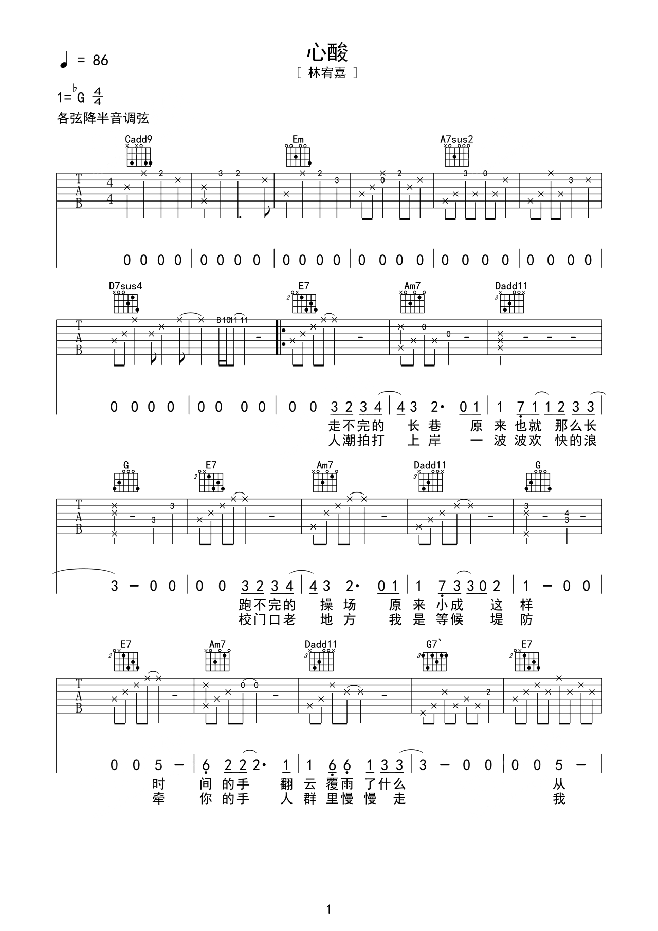 林宥嘉歌曲《心酸》G调吉他谱 – 六线谱(弹唱谱) – 原调G调 – 中级六线谱_微谱库