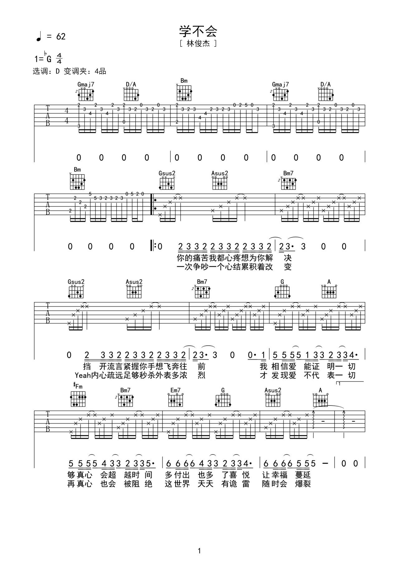 林俊杰的《学不会》谱子带伴奏节奏吉他谱 – D编配 – 变调夹Capo=0 – 中级六线谱_微谱库