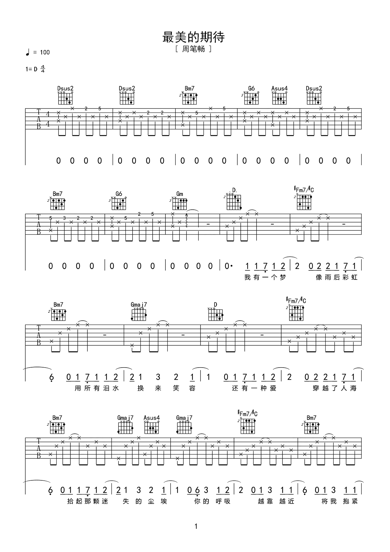 《最美的期待》吉他曲谱D调编配 – 周笔畅 – 国语吉他谱 – 歌曲原调D调_微谱库