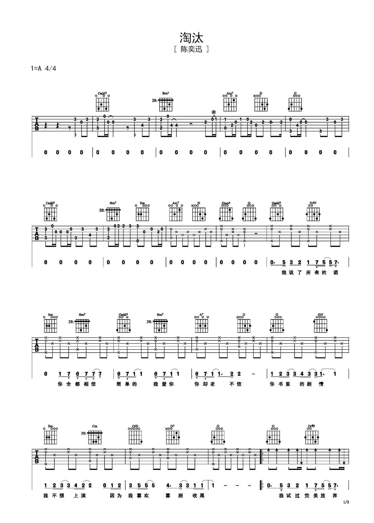 陈奕迅弹唱谱《淘汰》吉他谱 – 初级六线谱 – 选调编配A调 – 变调夹Capo=0_微谱库