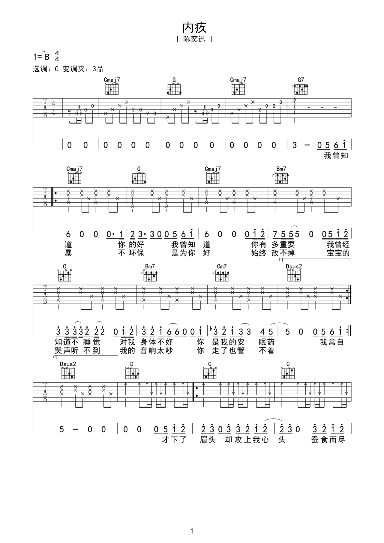 《内疚》吉他曲谱Bb调编配 – 陈奕迅 – 国语吉他谱 – 歌曲原调Bb调_微谱库