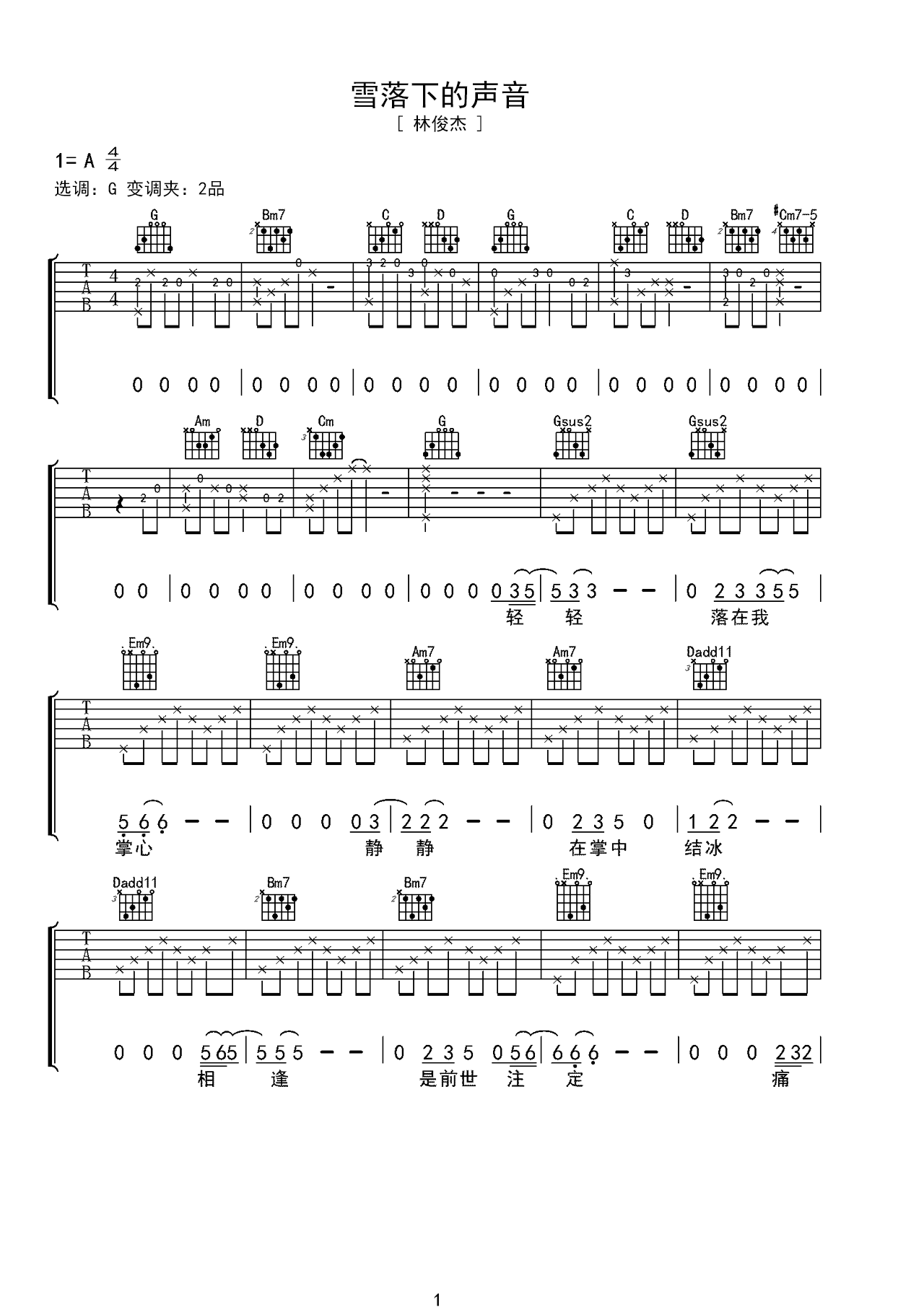 《雪落下的声音》吉他曲谱A调编配 – 林俊杰 – 国语吉他谱 – 歌曲原调A调_微谱库