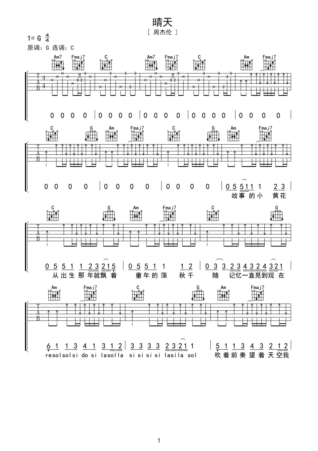 《晴天》吉他曲谱C调编配 – 周杰伦 – 国语吉他谱 – 歌曲原调C调_微谱库