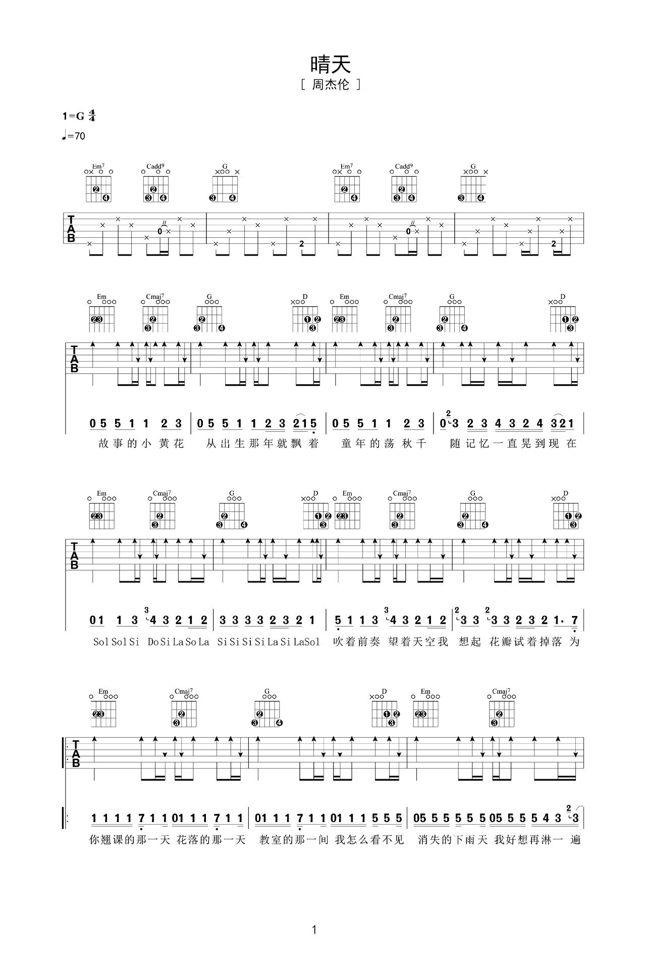 《晴天》吉他曲谱C调编配 – 周杰伦 – 国语吉他谱 – 歌曲原调C调_微谱库