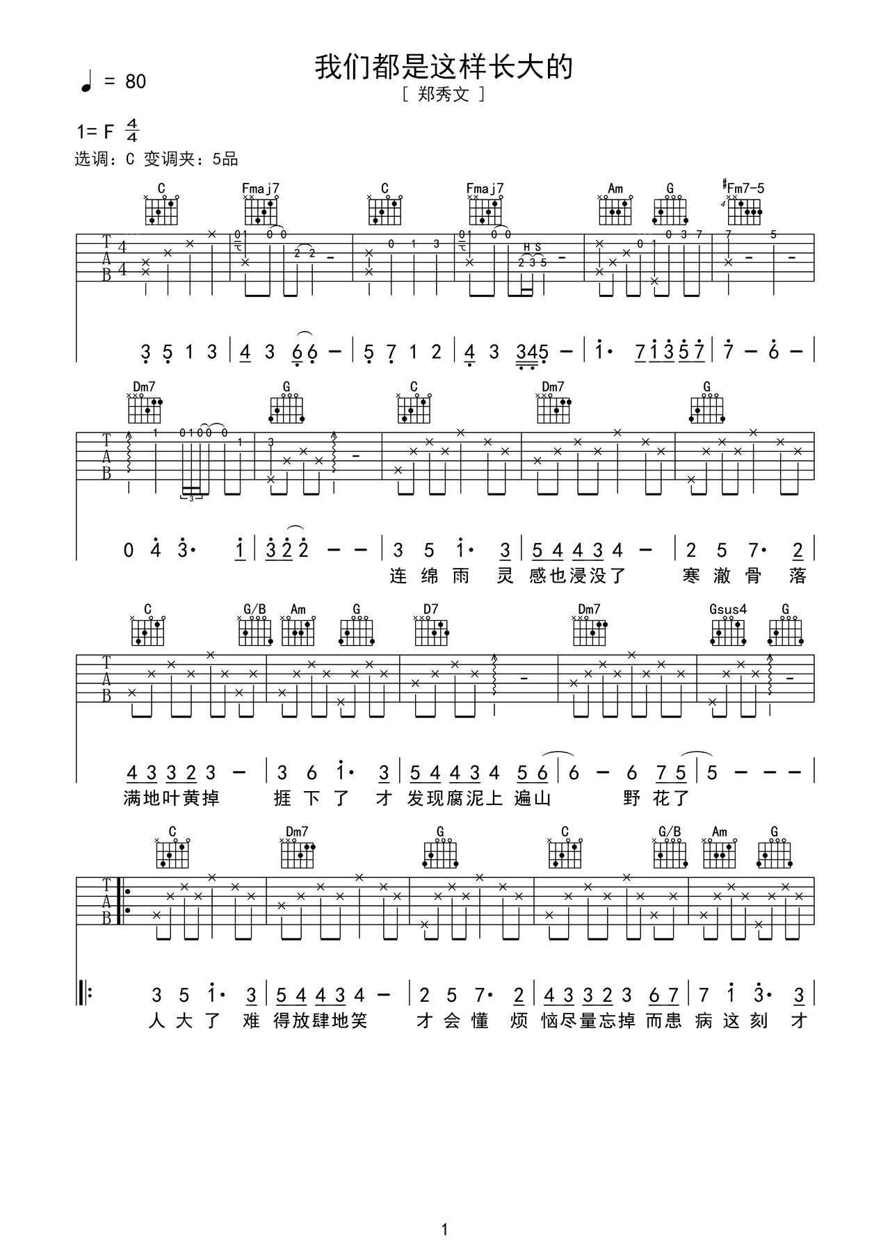 郑秀文《我们都是这样长大的》木吉他版弹唱吉他谱 – 原调C调 – 六线谱选调C调编配 – 国语版曲谱高清图片_微谱库