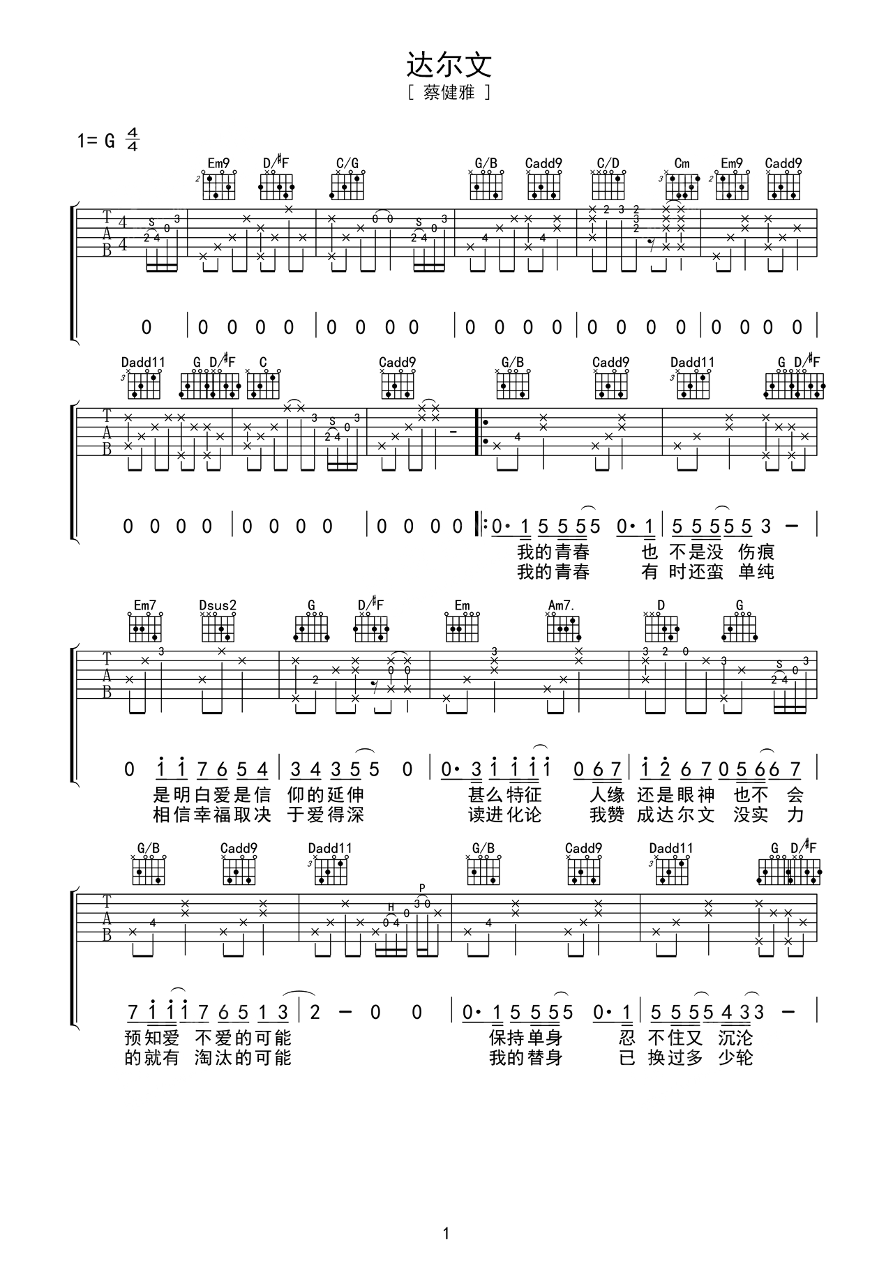《达尔文》吉他谱 – 吉他谱 选用G调指法编配 – 原调G调 – 六线谱(弹唱谱)_微谱库