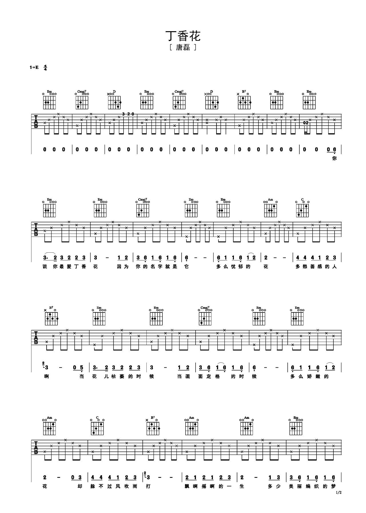 《丁香花》吉他谱 – 吉他谱 选用E调指法编配 – 原调E调 – 六线谱(弹唱谱)_微谱库