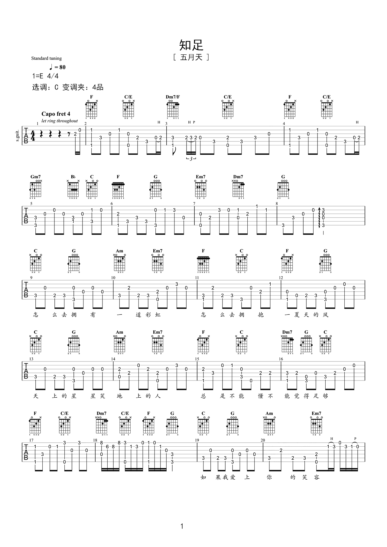 吉他谱《知足》- 全曲入门版伴奏曲谱 – 国语版 – 拍子4/4拍 – 选调G调 – 五月天六线谱_微谱库