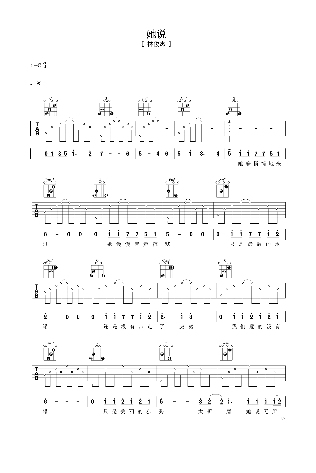 吉他谱《她说》- 全曲入门版伴奏曲谱 – 国语版 – 拍子4/4拍 – 选调G调 – 林俊杰六线谱_微谱库