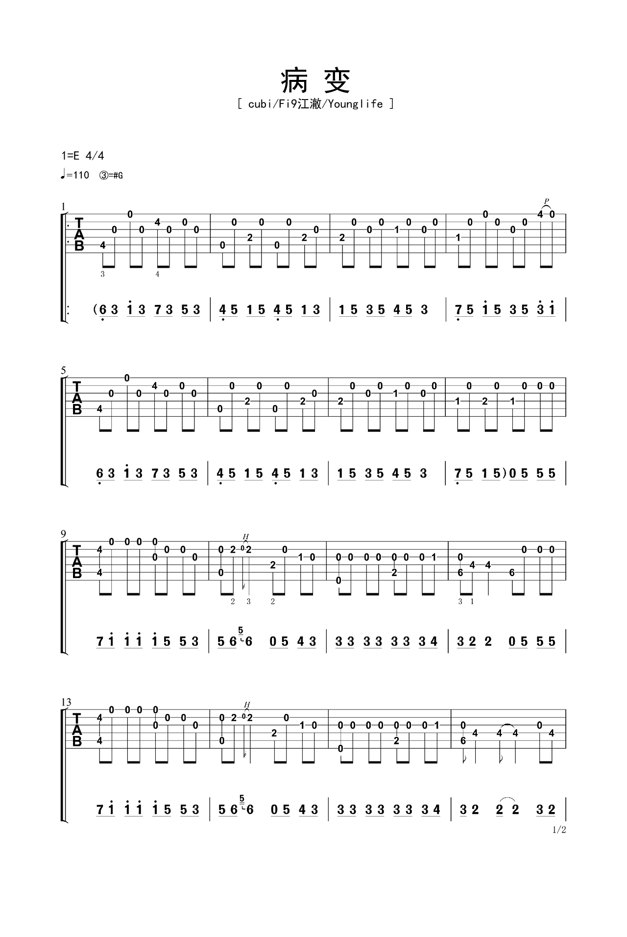 《病变》指弹数字谱 – 吉他谱 选用E调指法编配 – 中级谱子 – 六线谱(独奏/指弹谱)_微谱库