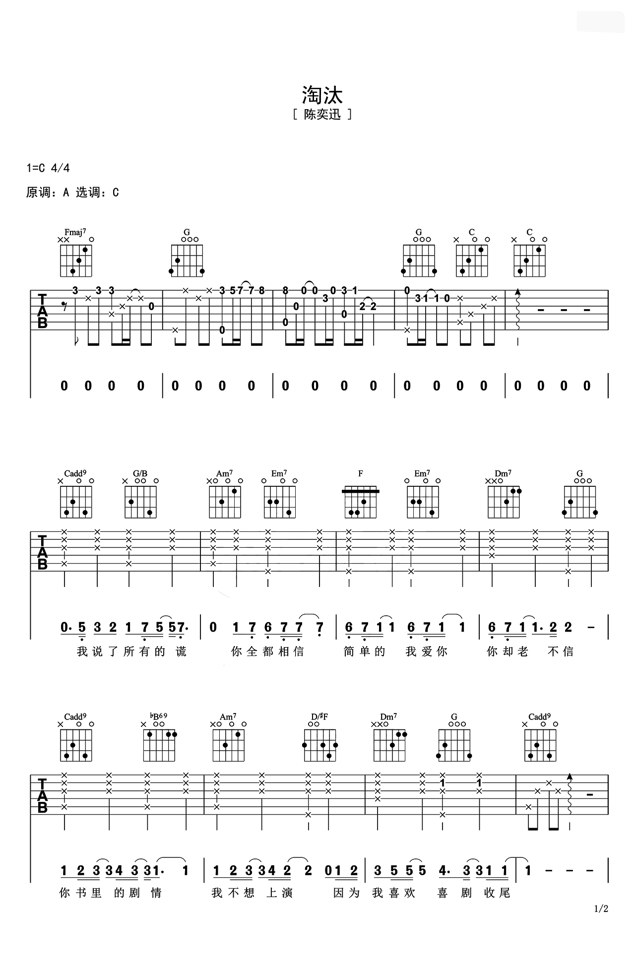 陈奕迅弹唱谱《淘汰》吉他谱 – 初级六线谱 – 选调编配C调 – 变调夹Capo=0_微谱库