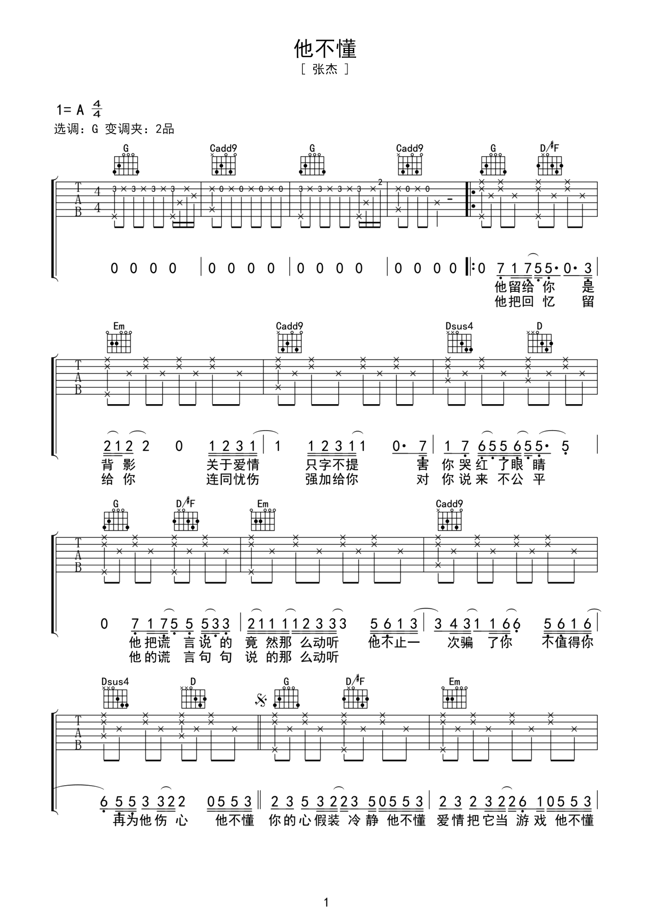 《他不懂》吉他曲谱G调指法编配 – 原调G调 – 变调夹Capo=0 – 初级六线谱_微谱库